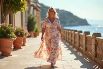 Femme grande taille portant une robe fluide fleurie longue en été sur une promenade méditerranéenne