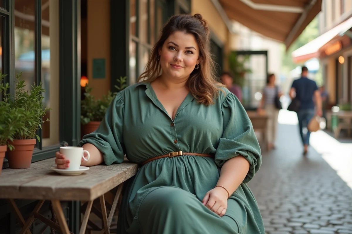 Femme ronde élégante en robe longue en lin fluide vert sauge assise en terrasse de café