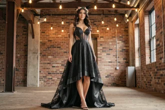 Mariée en robe de mariée noire avec détails cloutés dans un loft industriel au style rock and roll