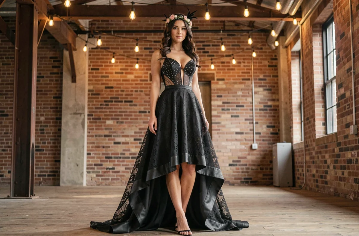 Mariée en robe de mariée noire avec détails cloutés dans un loft industriel au style rock and roll