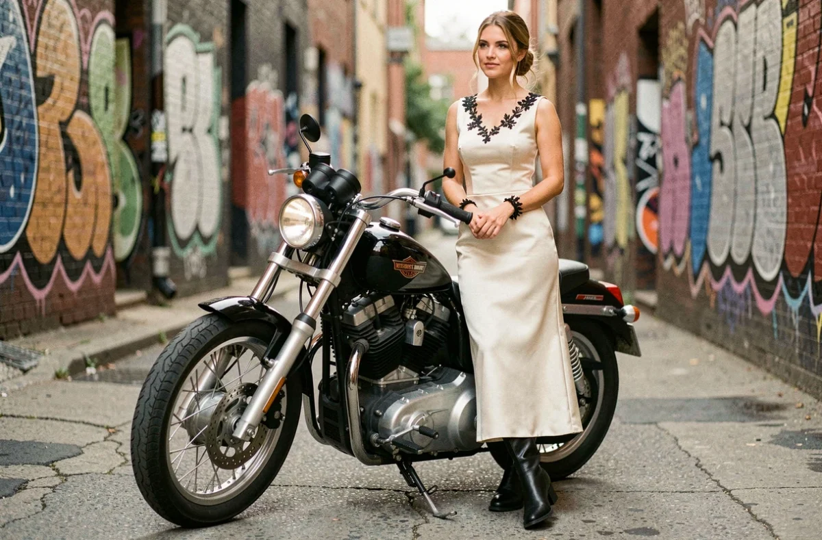 Mariée en robe blanche brodée et bottines noires posant avec une moto vintage dans une ruelle urbaine pour un mariage rock