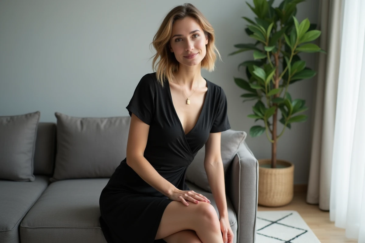 Femme petite et ronde en robe noire avec fronces assise dans un salon moderne, look affiné et élégant