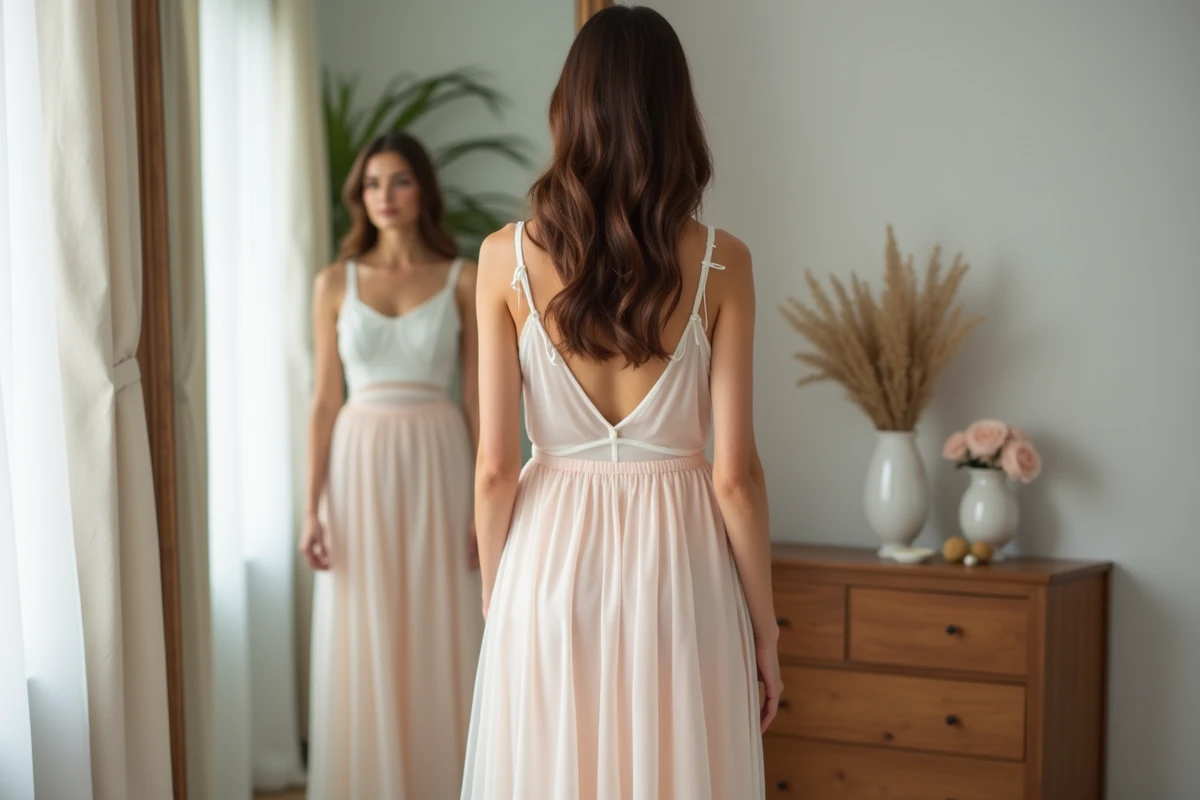 Femme devant un miroir portant une robe en organza transparente avec jupon blanc ajusté dans une chambre décorée