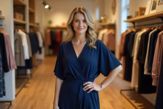 Femme petite et ronde portant une robe portefeuille bleu marine dans une boutique parisienne, silhouette affinée par une coupe flatteuse