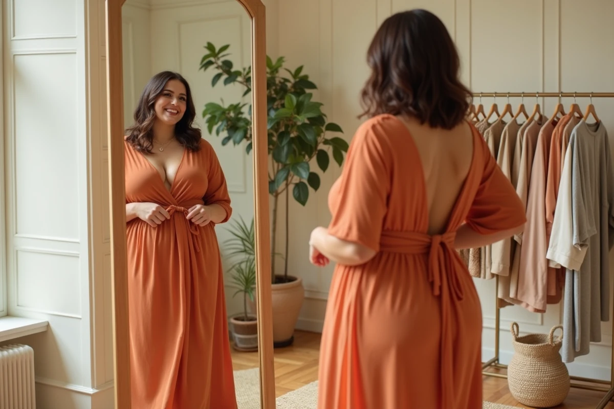 Femme grande taille essayant une robe portefeuille fluide en mousseline terracotta dans une boutique lumineuse