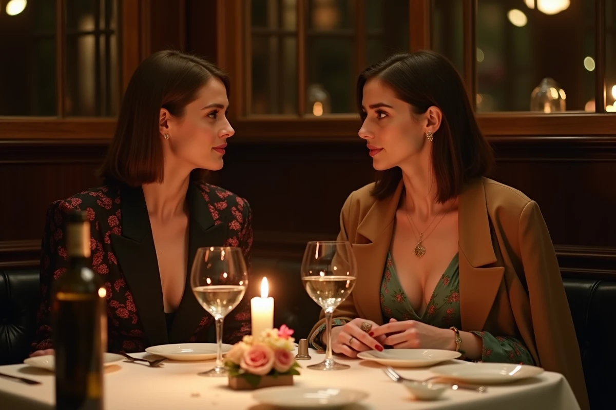 Deux femmes en robes cocktail fleuries et vestes élégantes attablées dans un restaurant chic le soir