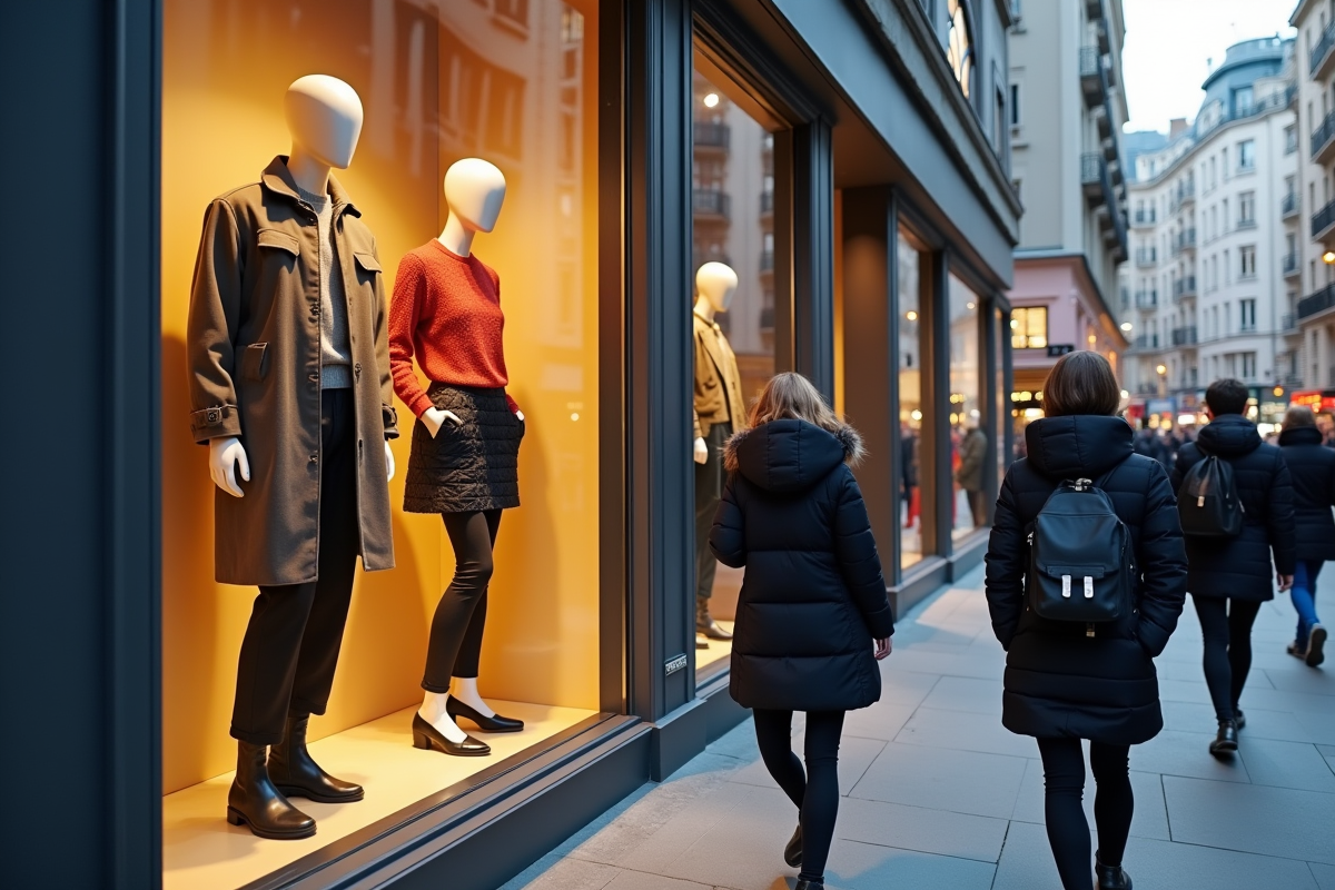 Rue animée avec vitrines de magasins et mannequins en tenues démodées