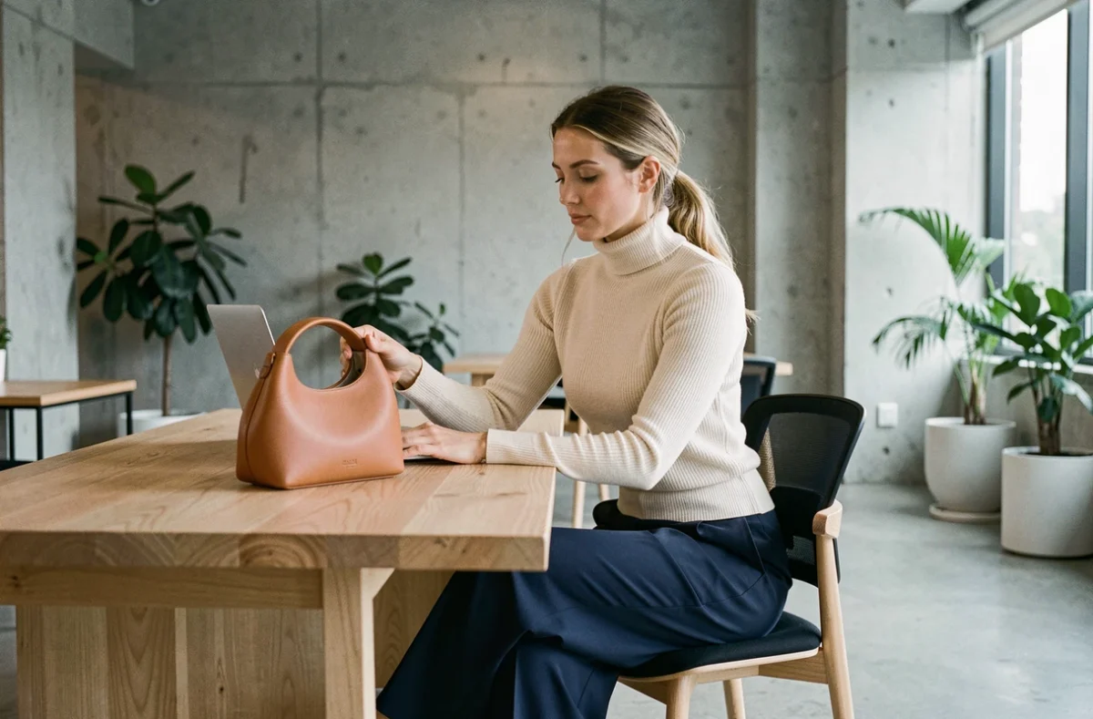 Femme assise à un bureau design posant un sac en cuir caramel en forme de croissant à côté de son ordinateur portable dans un open space moderne