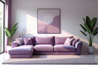 Salon moderne avec canapé lilas et décoration minimaliste