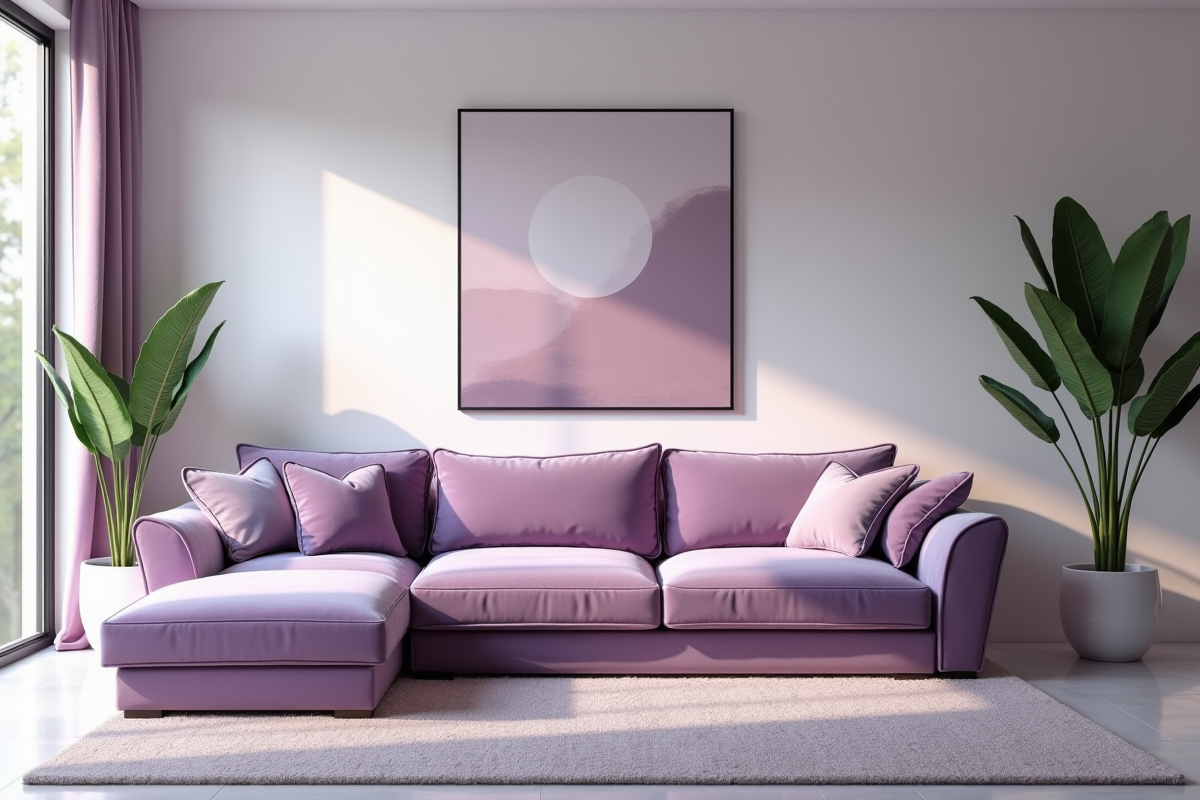 Salon moderne avec canapé lilas et décoration minimaliste