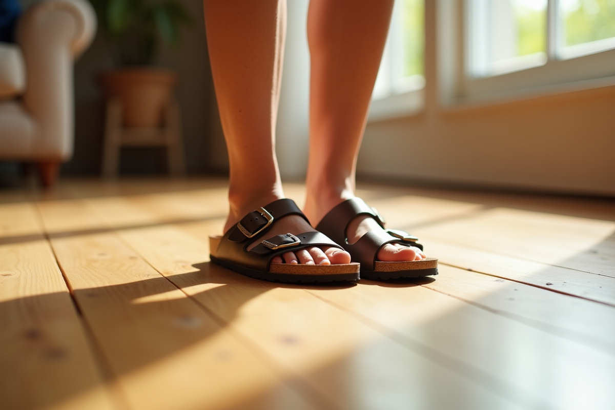 Pieds sains avec sandales Birkenstock en lumière naturelle