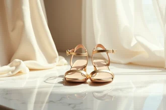 Sandales dorées à petit talon kitten heel posées sur marbre blanc dans une boutique de mariage élégante