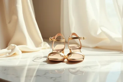 Sandales dorées à petit talon kitten heel posées sur marbre blanc dans une boutique de mariage élégante