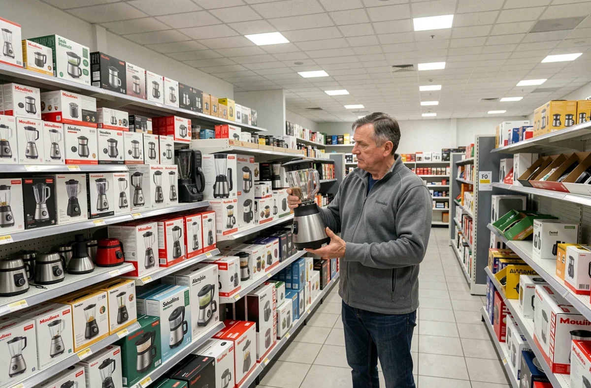 Rayon de déstockage Seb Moulinex à Alençon avec des petits électroménagers en promotion exposés sur de longues étagères