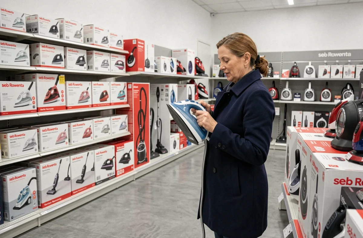 Intérieur du magasin de déstockage Seb Rowenta à Vernon avec des fers à repasser et appareils ménagers en rayon