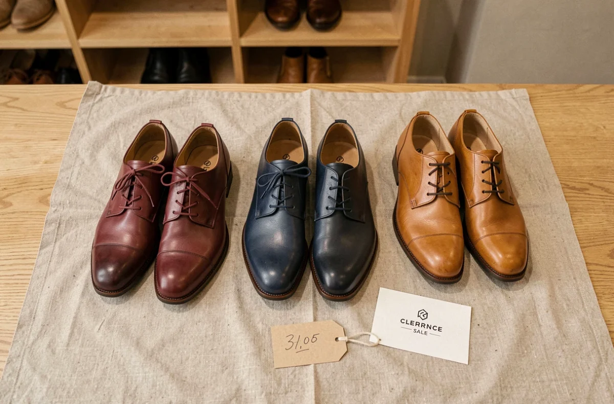 Sélection de chaussures Arche en cuir haut de gamme disposées en flat lay pour une vente de déstockage