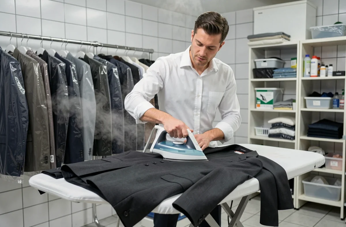 Un technicien de Sequoia Pressing à Tours repasse avec soin un veston de costume sur mesure à la vapeur dans un atelier de pressing professionnel