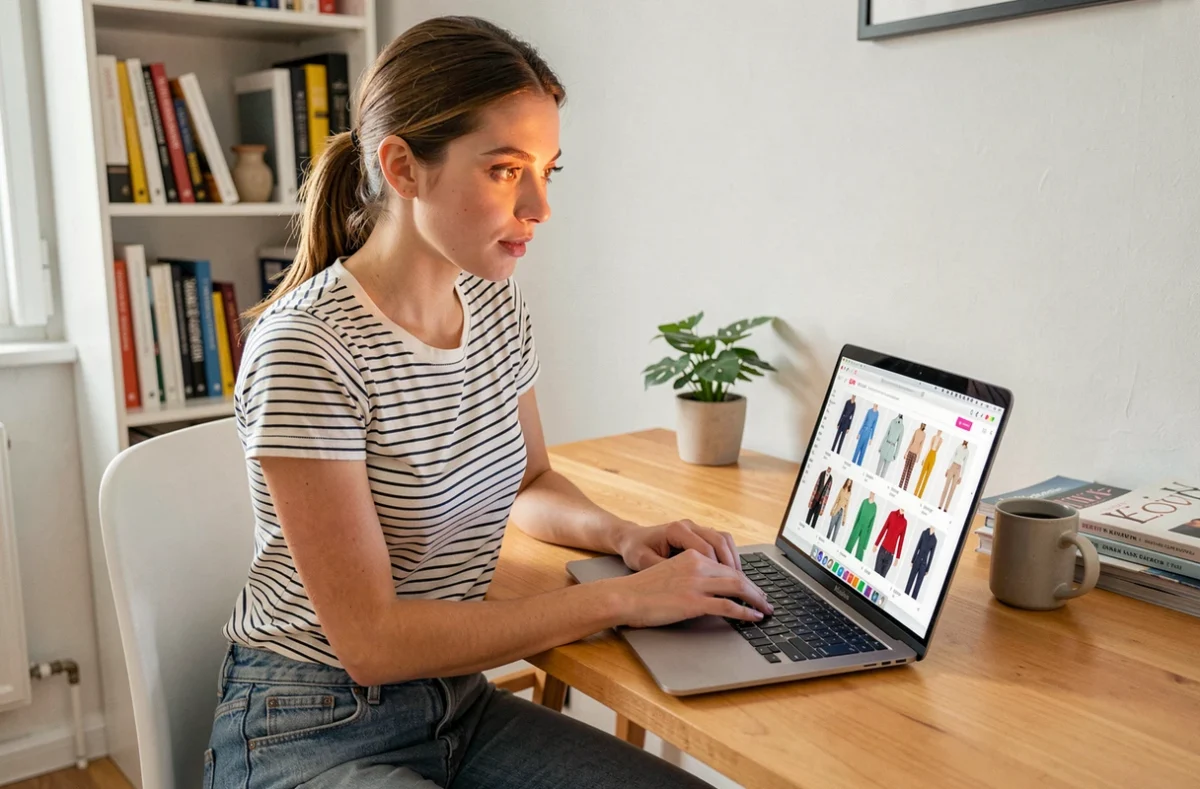 Jeune femme naviguant sur le site de mode Kiabi en ligne depuis son bureau à domicile