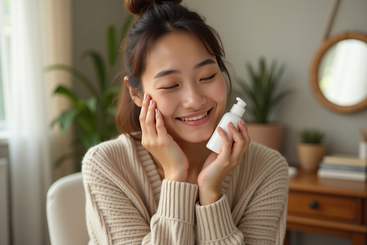 Femme appliquant une huile visage dans un cadre cosy