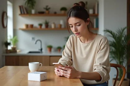 Femme consultant le suivi de colis Shein sur son smartphone dans un appartement moderne en France