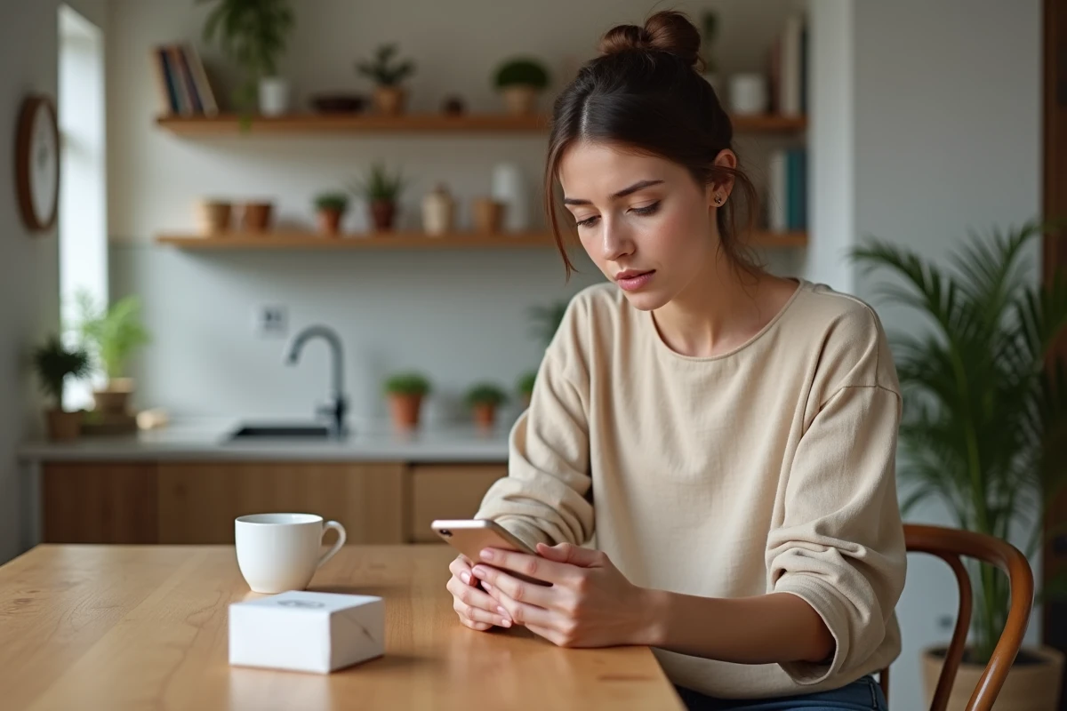 Femme consultant le suivi de colis Shein sur son smartphone dans un appartement moderne en France