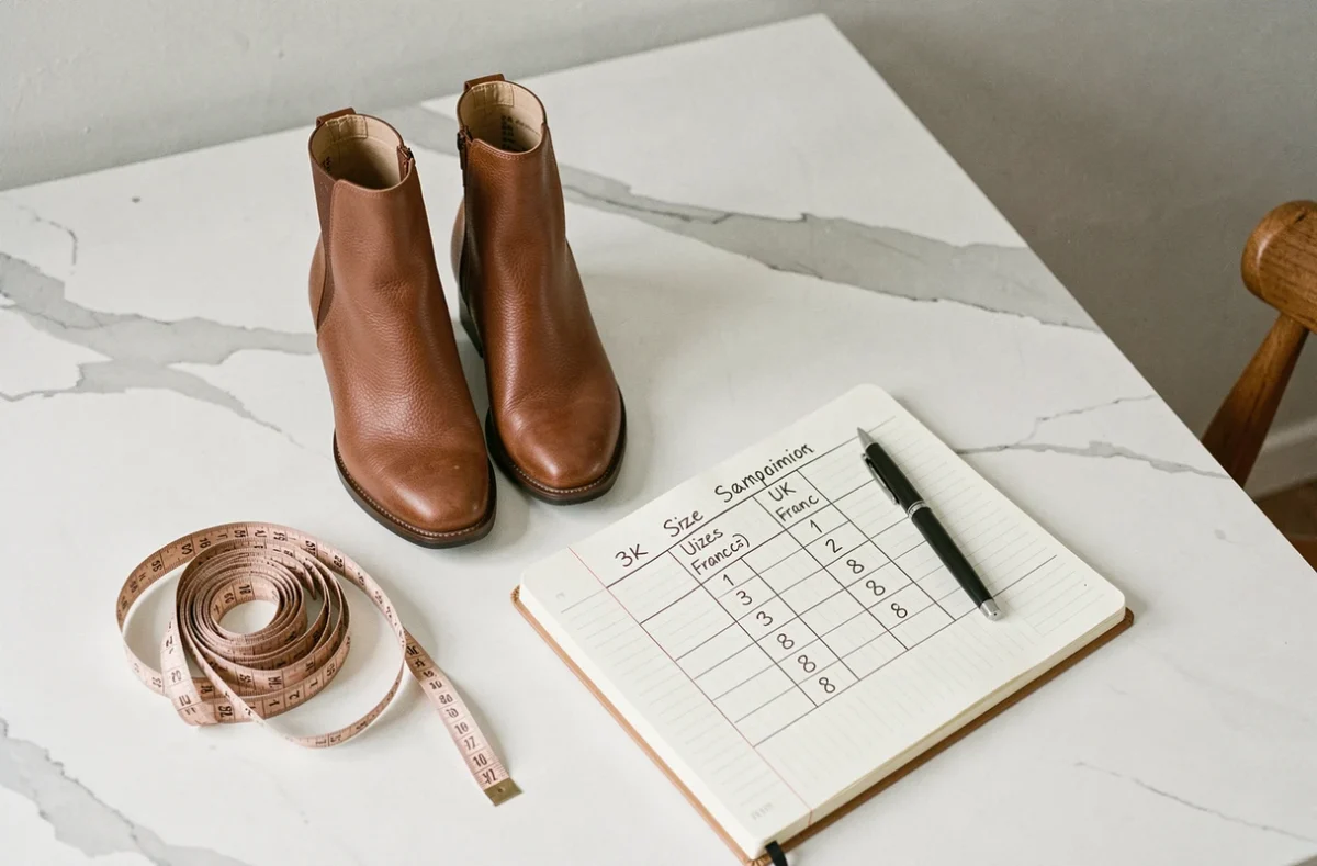 Tableau de conversion de pointures UK en tailles françaises avec bottines en cuir et mètre ruban sur une table blanche