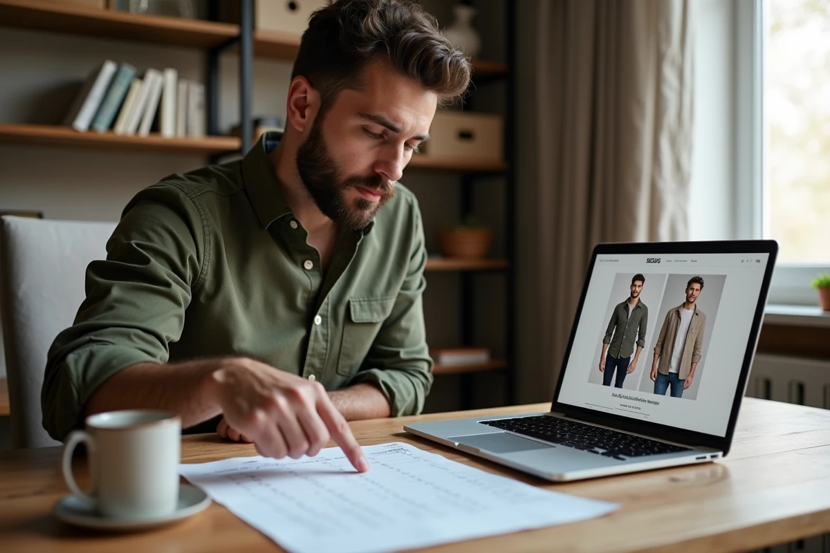Homme consultant un tableau de conversion de tailles australiennes et françaises sur son bureau