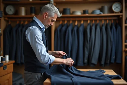 Tailleur homme en atelier cousant un pantalon en laine sombre