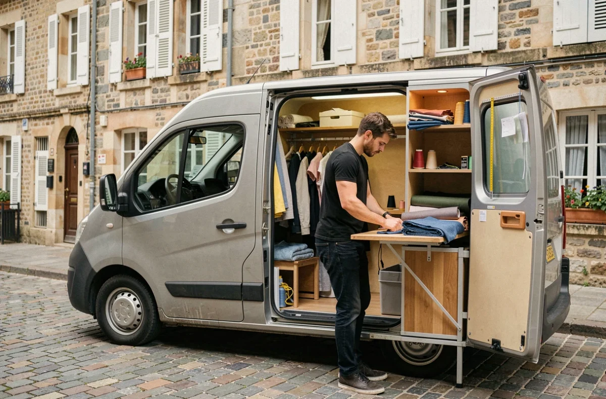 Un tailleur de Tailor Trucks travaille dans son atelier mobile aménagé dans un van garé dans une rue pavée de Tours