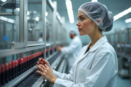 Femme en blouse blanche observant une machine à lipstick
