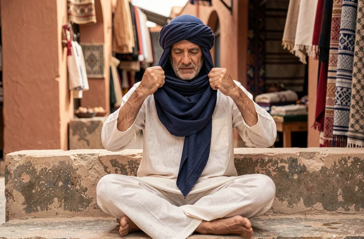 Homme démontrant comment nouer un cheche indigo dans un marché en plein air de style souk