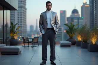 Homme élégant en veste blazer argentée et pantalon large charbon sur un rooftop urbain, look soirée Y2K chic 2026