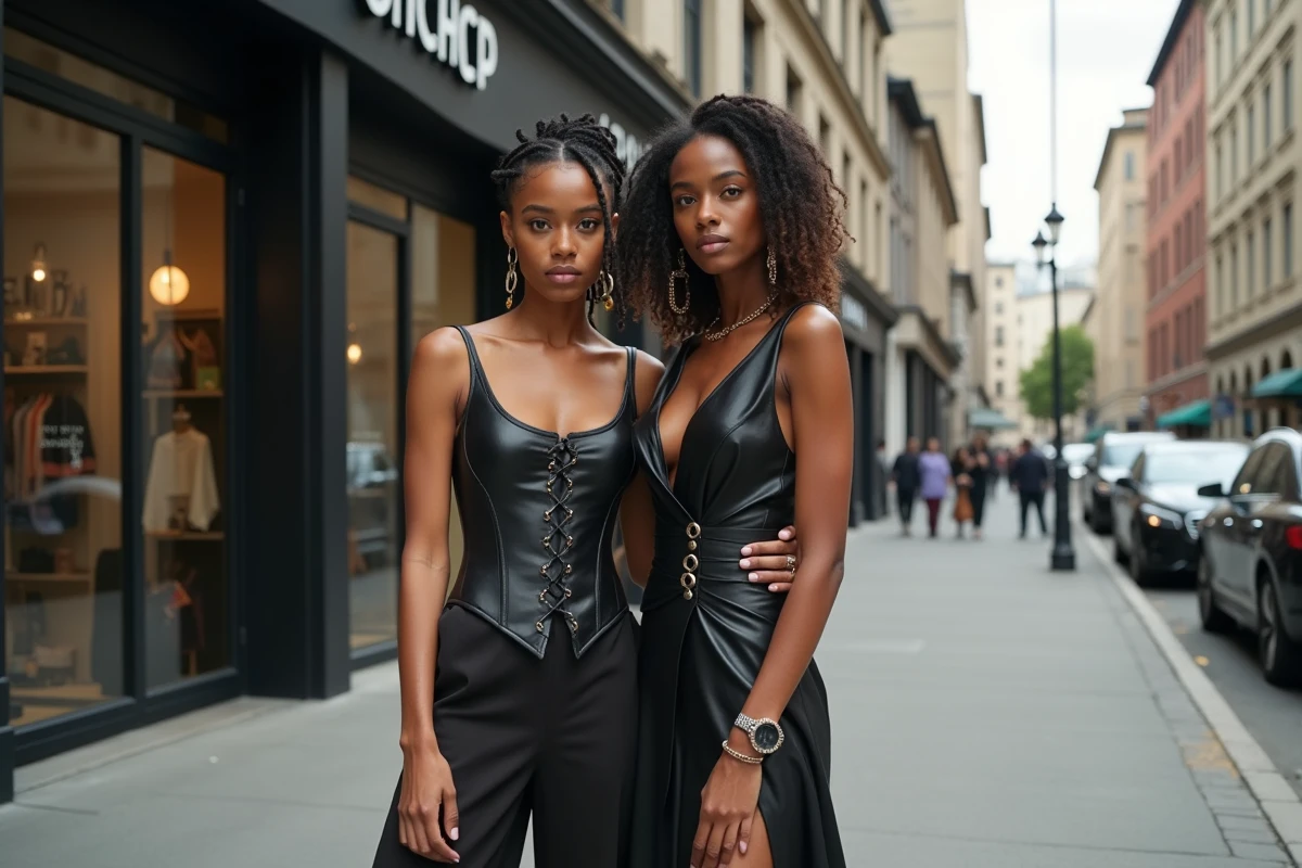 Deux femmes portant des tenues inspirées de l'esthétique Vivienne Westwood devant un concept store urbain proposant des alternatives de créateurs