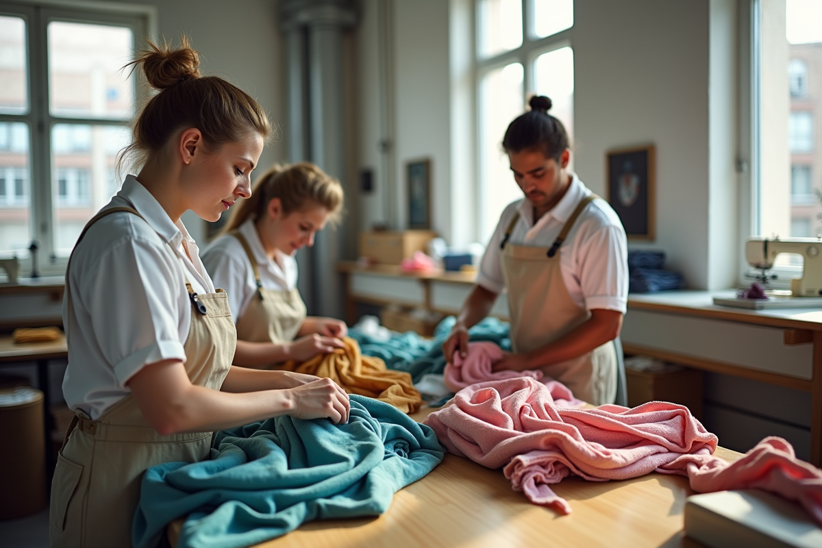 Groupe de travailleurs textiles triant des tissus recyclés dans un atelier lumineux