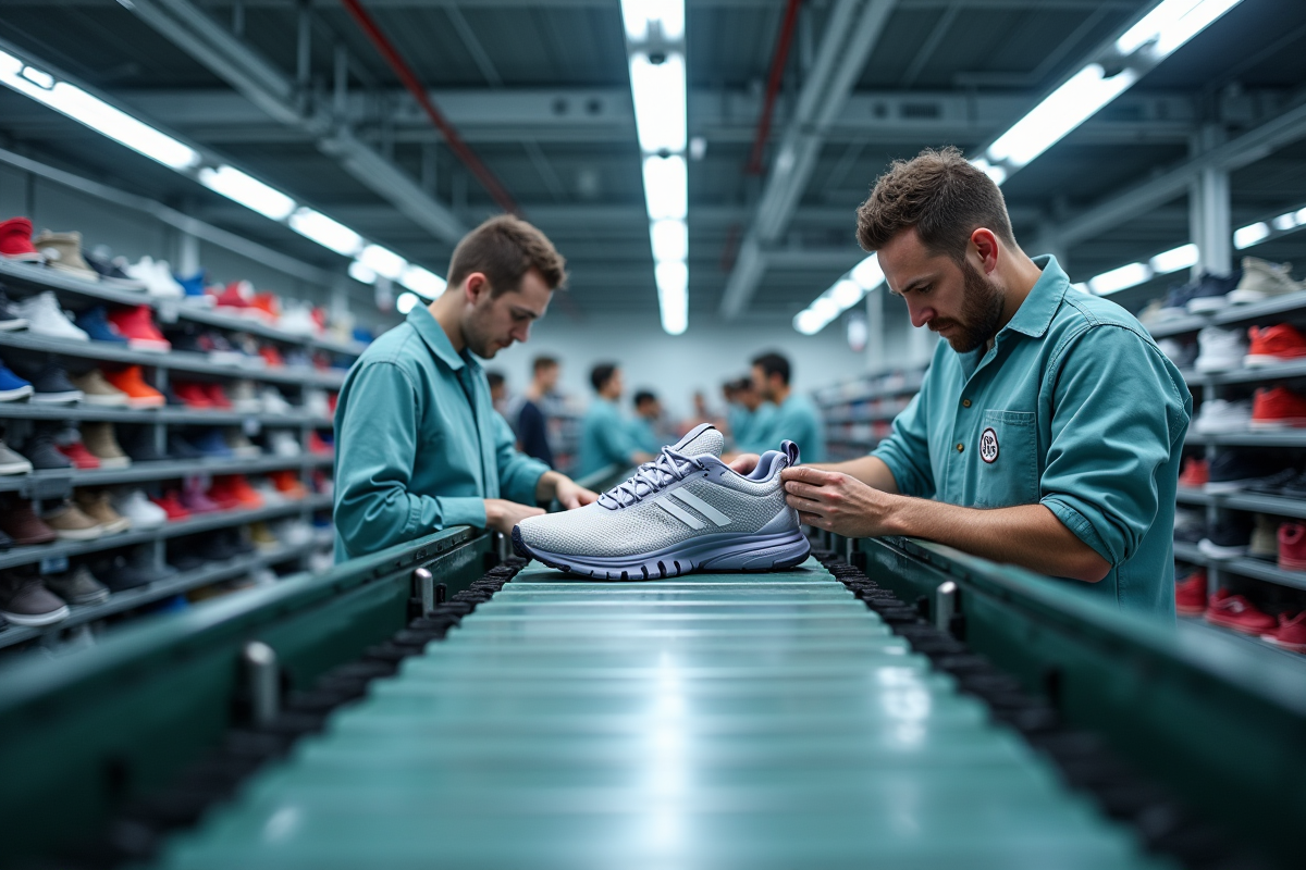 Usine moderne de fabrication de chaussures avec ouvriers