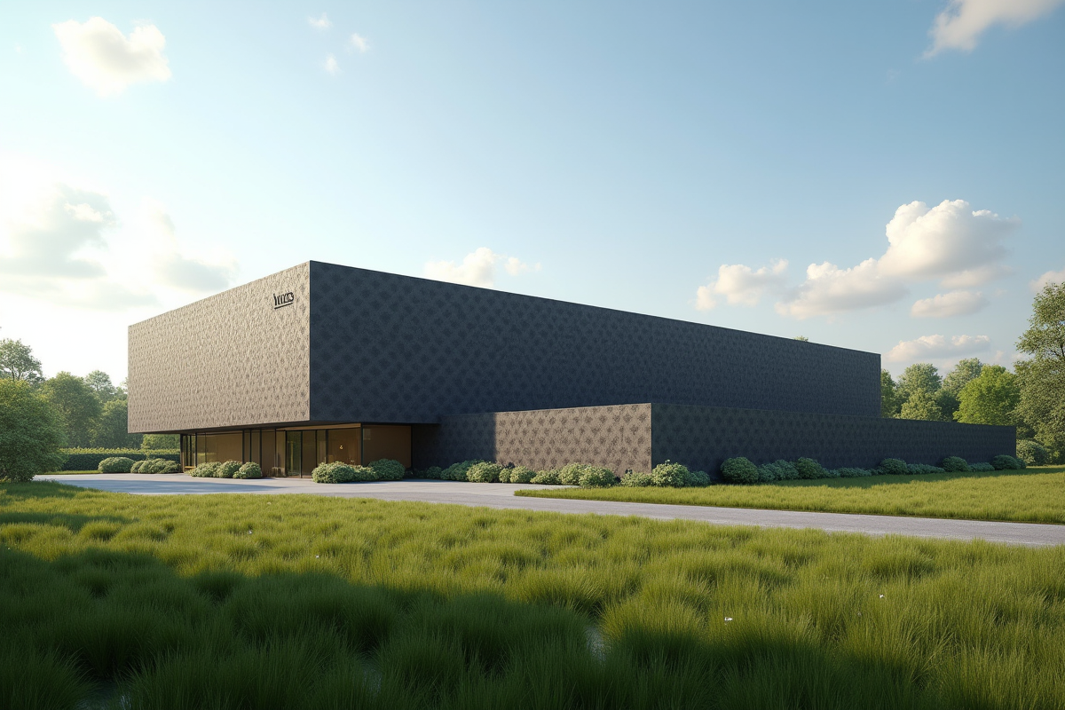 Usine Louis Vuitton moderne en campagne avec architecture distinctive