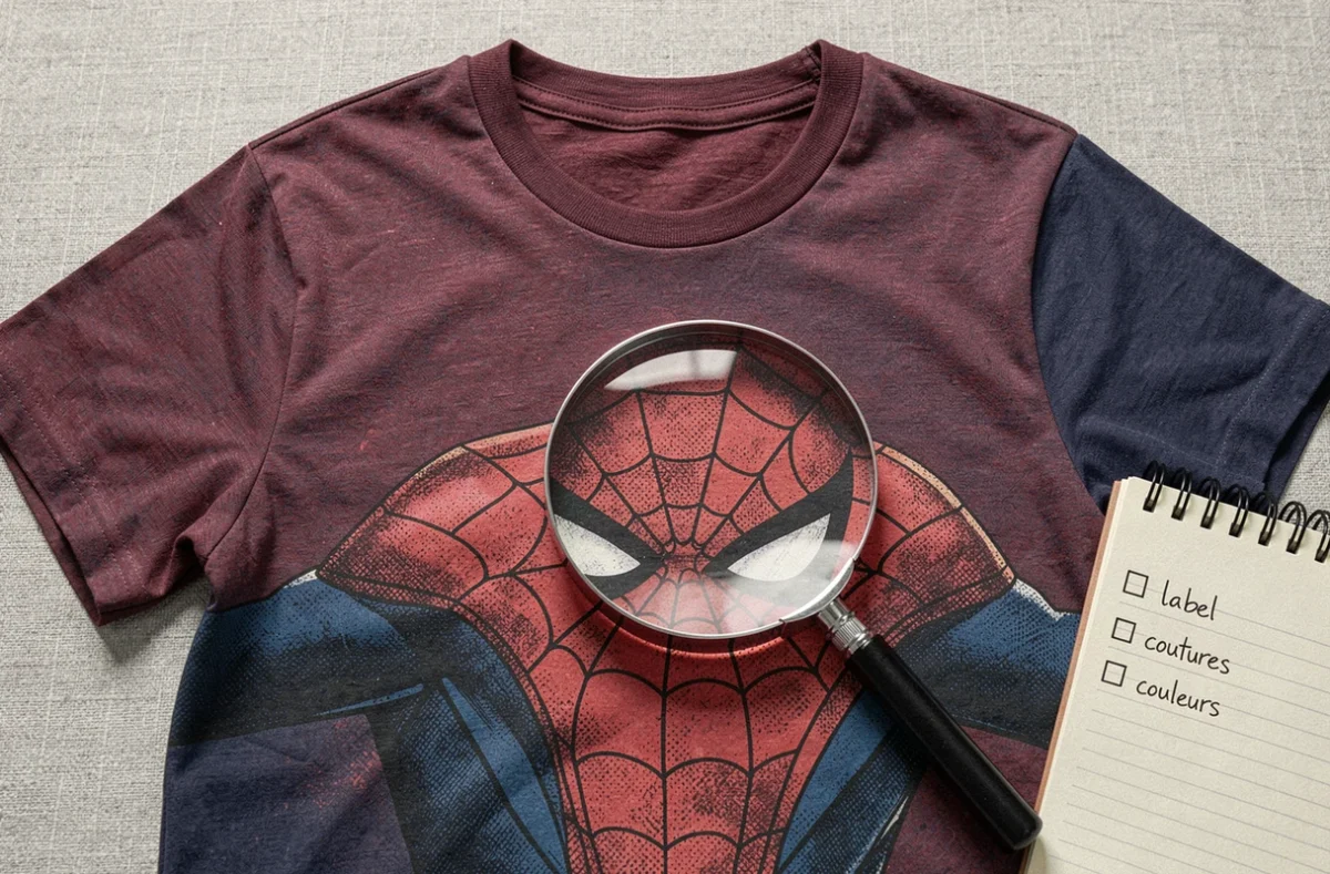 Gros plan d'un t-shirt Spider-Man avec loupe et checklist pour vérifier l'authenticité du produit avant achat en ligne