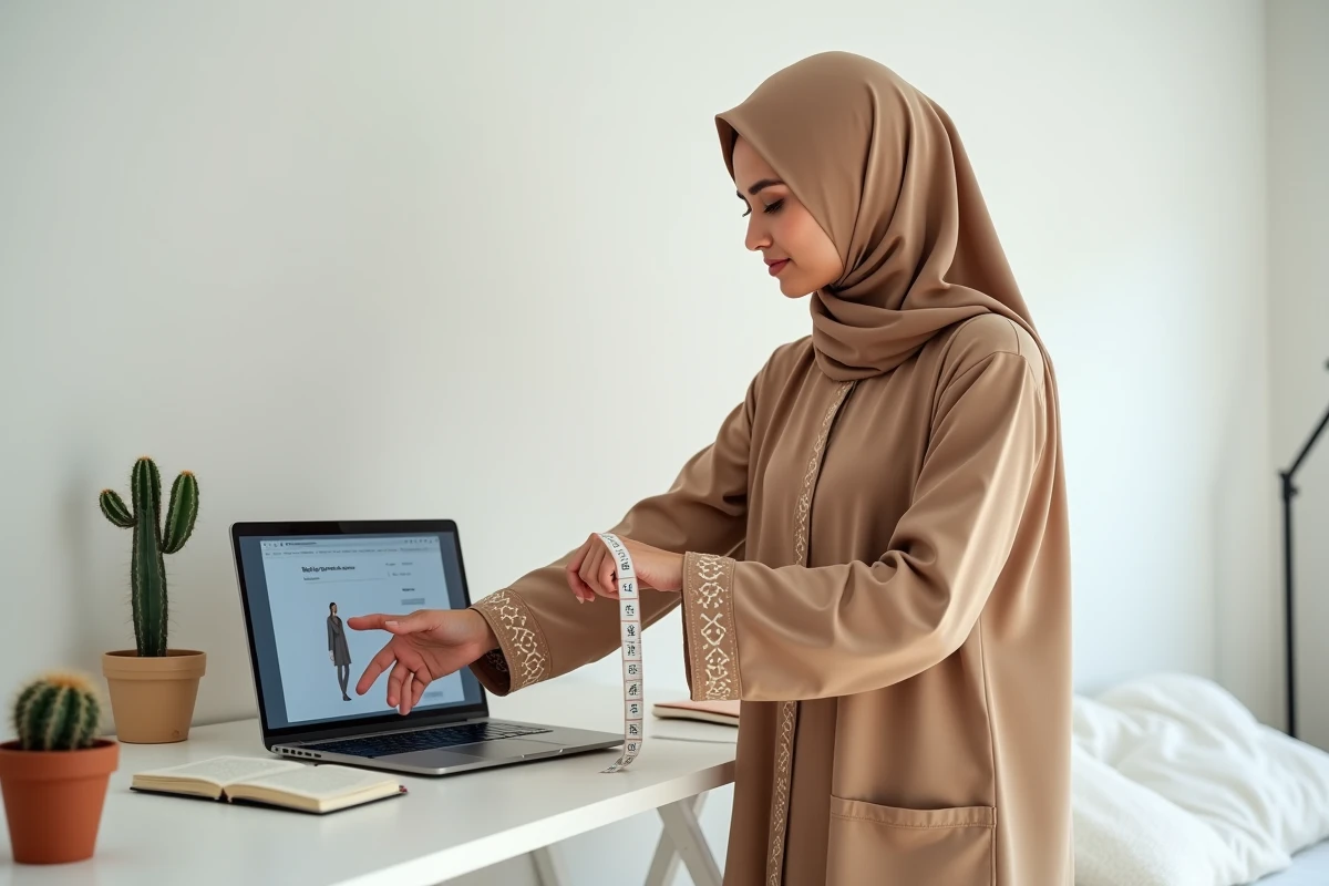 Femme en djilbeb camel utilisant un ruban de mesure devant un ordinateur pour vérifier les tailles avant de valider son panier en ligne
