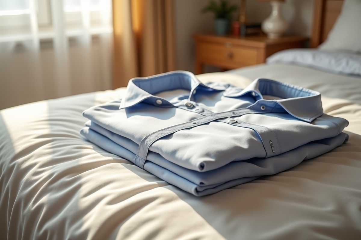 Chemise pliée sur un lit lumineux avec outil de couture