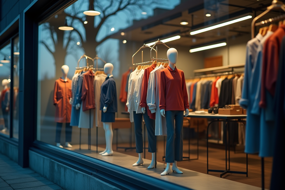 Vitrine d'une boutique de mode rapide avec reflet d'ouvriers