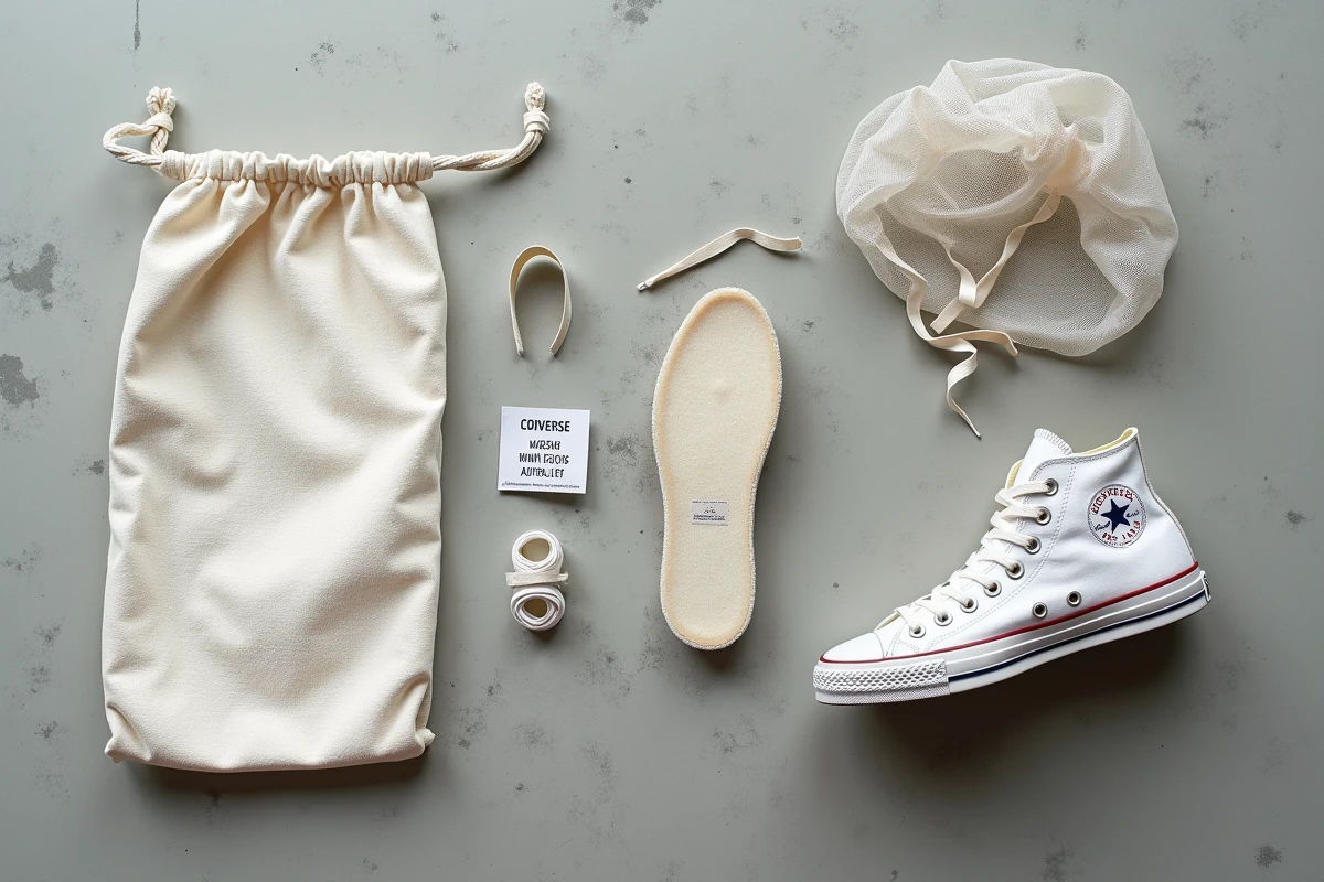 Vue à plat d'une Converse démontée avec lacets, semelle et chaussure séparés avant passage en machine à laver