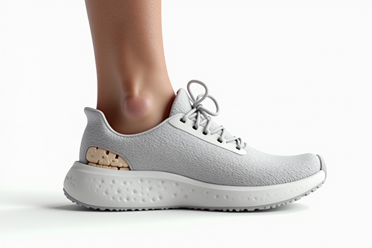 Vue de côté d'un pied dans une chaussure de sport moderne montrant le soutien de la voûte